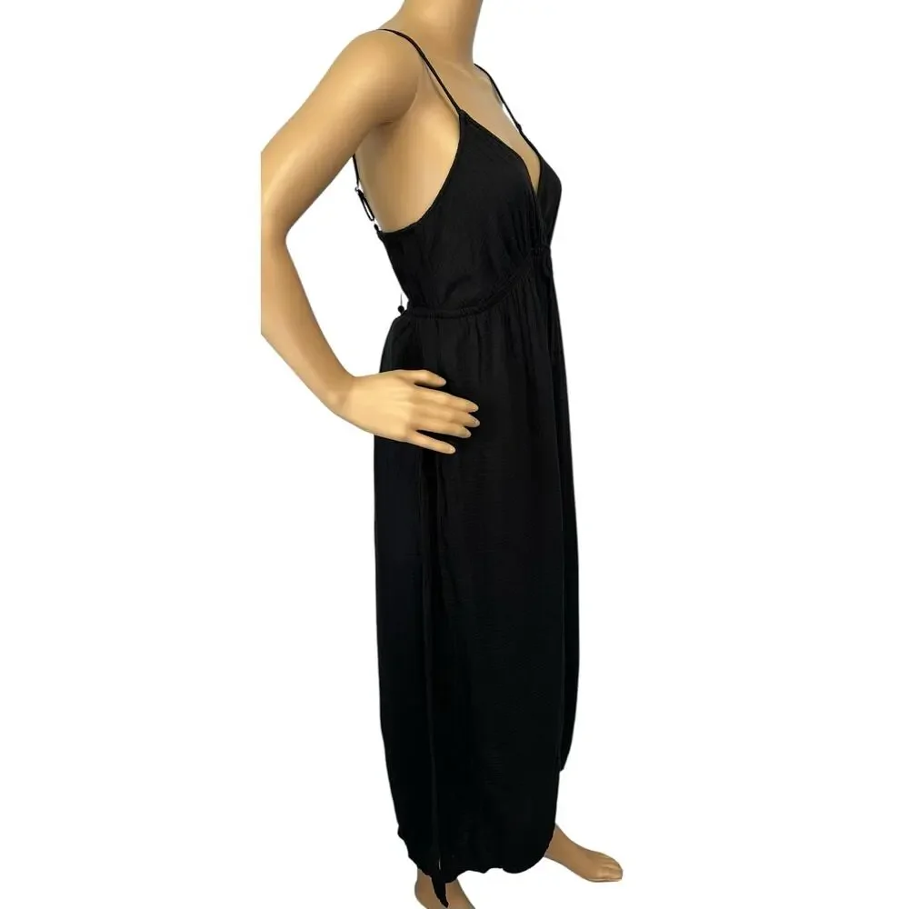 NWT DKNY V-Neck Front Tie Maxi Dress Cover Up Black Beachwear Side Slit Size M